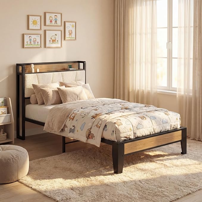 LIKIMIO Twin Bed Frames, Storage Headboard with Charging Station, Solid and Stable, Noise Free, No Box Spring Needed, Easy Assembly, Wood and Cream