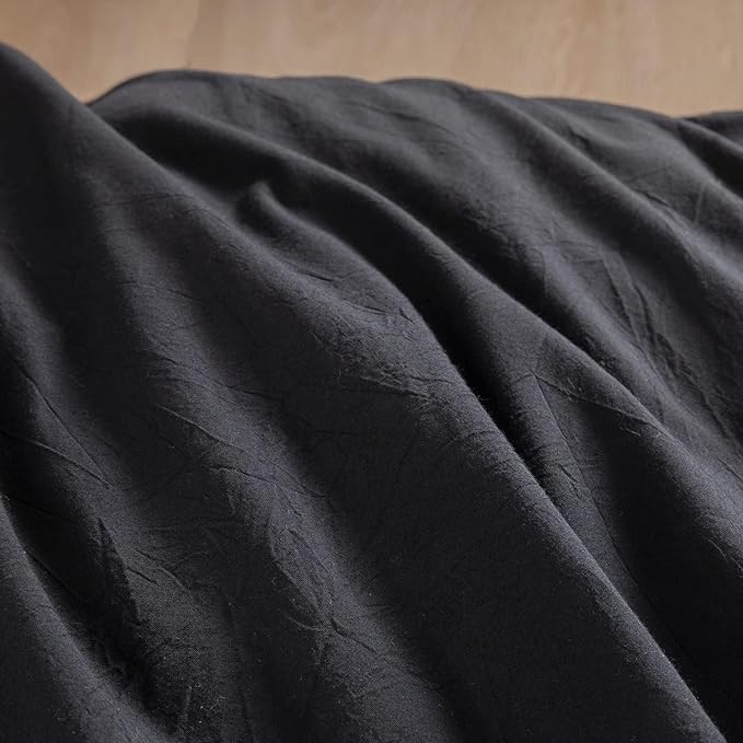 BESTOUCH Duvet Cover Set 100% Washed Cotton Linen Feel Super Soft Comfortable Chic Lightweight 3 PCs Home Bedding Set Solid Deep Black Oversized Full