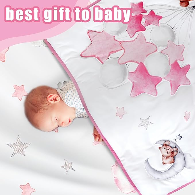 Mixweer 5 Pcs Crib Bedding Set for Toddlers Include Cloud Balloon Bear Theme Crib Sheets, Skirt, Comforter, Pad Cover, Wall Stickers for Boys or Girls Nursery Bedding Sets(Pink)