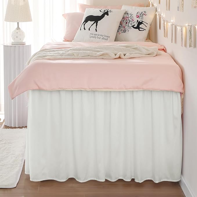 RIMELA Dorm Bed Skirt Twin XL 32 Inch Drop, Easy to Install Extra Long Wrap Around Elastic Dust Ruffle, Warm White Bedskirt Solid Silky Fabric Machine Washable (Twin XL 80“L x 39”W & Twin 75“L x 39”W)