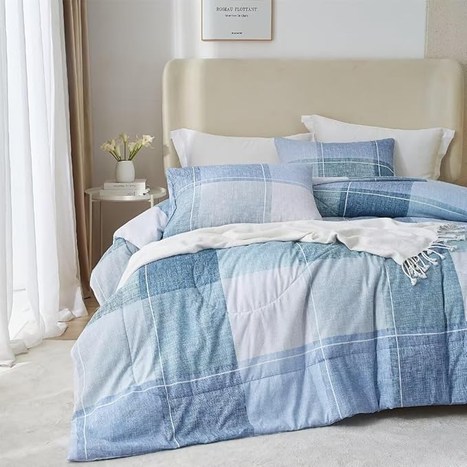 LifeTB Twin XL Comforter Set Blue Checkered Comforter Set for Men Boys Geometric Checkered Plaid Printed Boho Bedding Comforter for All Seasons Fluffy Soft Lightweight Plaid Bedding Set Twin XL