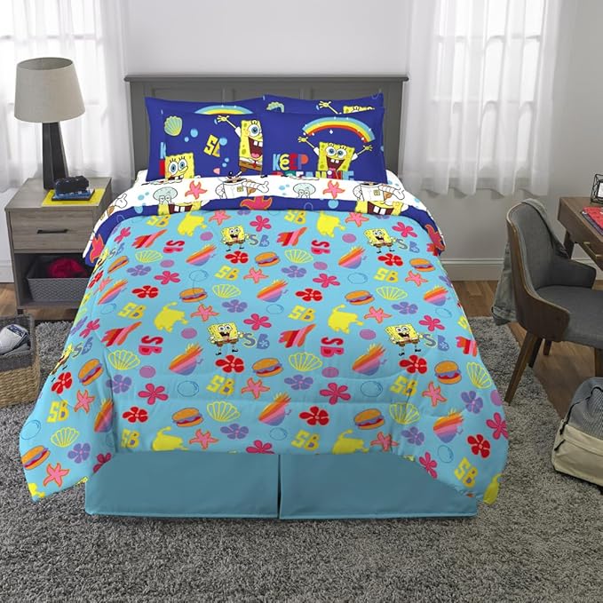 Spongebob Squarepants Kids Bedding Super Soft & Cozy Reversible Microfiber Comforter and Sheet Set with Sham, 7 Piece Queen Size, (Officially Licensed Product) by Franco