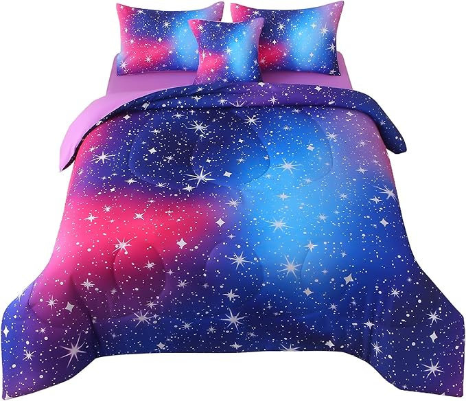 JQinHome Twin Ombre Pink Purple Comforter Set, 6 Piece Bed in A Bag 3D Colorful Bedding Sets for Teen Girls (1 Comforter,2 Pillowcases,1 Flat Sheet,1 Fitted Sheet,1 Cushion Cover)(Star Purple)