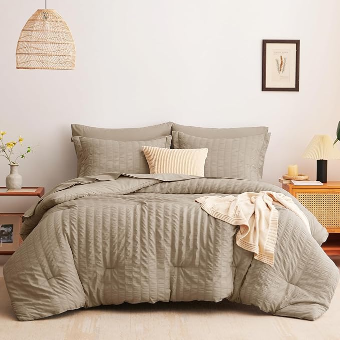 CozyLux Queen Comforter Set Taupe Seersucker 7 Pieces Bed in a Bag Queen Comforter Set with Sheets, Luxury Soft Bedding Set with Down Alternative Comforter, Sheets, Pillowcases & Shams for All Seasons