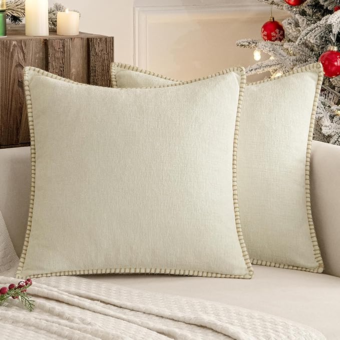 MIULEE Pack of 2 Christmas Pillow Covers 16x16 Inch Cream White Farmhouse Decorative Throw Pillow Covers with Stitched Edge Soft Chenille Solid Dyed Couch Pillow Covers for Sofa Bed Living Room