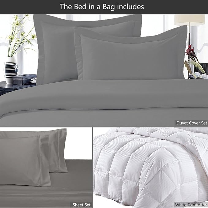 8 Pieces 100% Cotton Solid Grey Full Goose Down Bed in a Bag Set Including 600TC Sheet Set + 600TC Duvet Cover Set+ All Season Striped Goose Down Comforter 600 Fill Power