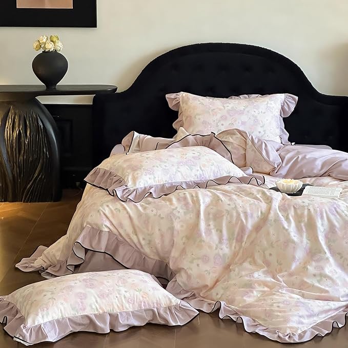 HighBuy Ruffle Floral Duvet Cover Twin Size,Chic Cottagecore Brushed Cotton Comforter Cover Set 3 Piece Coquette Farmhouse Bedding for Teen College,Breathable Durable