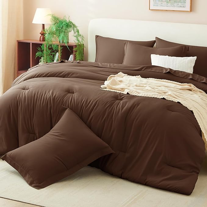 CozyLux Queen Comforter Set Brown, 7 Pieces Bed in a Bag Queen Size Comforter Set with Sheets, Bedding Sets with Down Alternative Comforter, Fitted Sheets, Flat Sheets, Pillow Shams and Pillowcases