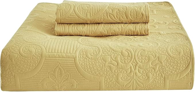 CHIXIN Quilt Queen Size - Damask Paisley Bedspread Coverlet Set - Classic & Gorgeous Style Bedding Cover, Ultrasonic Quilting, Reversible, Lightweight, 4 Piece, Honey Gold
