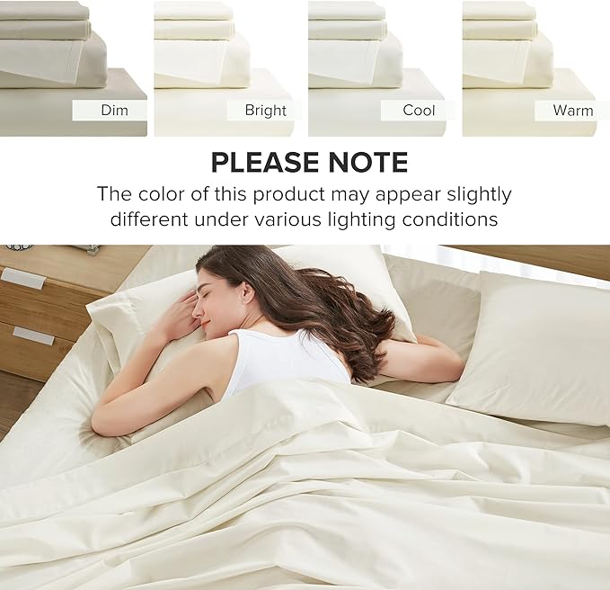 Comfort Spaces 100% Cotton Sheets Full, Breathable & Ultra Soft Cotton Sheets, Naturally Cool Cotton Bed Sheets with 14" Elastic Pocket Fits up to 16" Mattress, All Season Sheet Set, Ivory 4 Piece