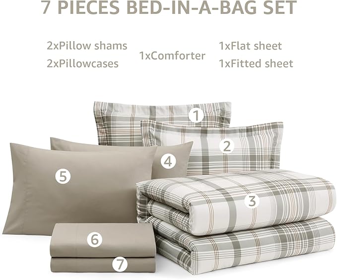 Full Size Comforter Set Grey White, Plaid Bedding Set 7 Pieces, All Season Lightweight Bed in a Bag with Sheets, Pillowcase & Shams