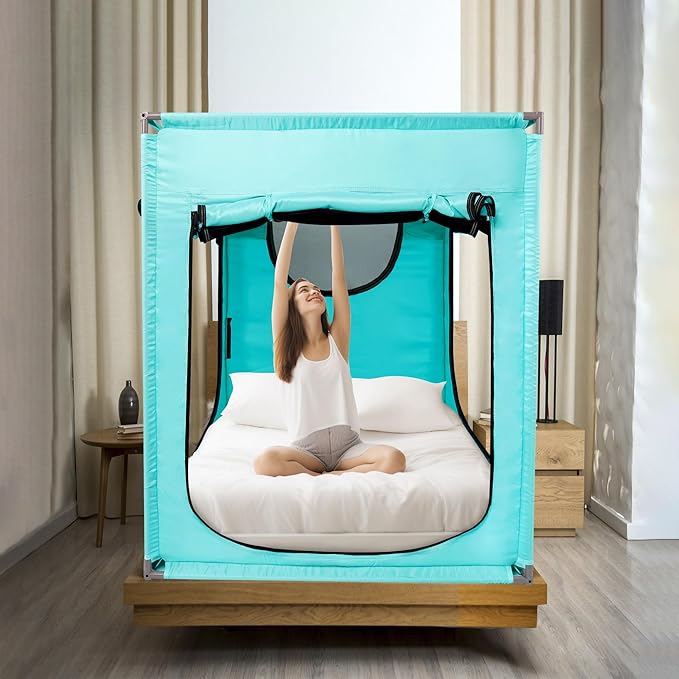 Twin Bed Canopy Portable Blackout Bed Tent Privacy Tent for Adult Indoor Sleeping with 3 Doors, Storage Bag, Teal