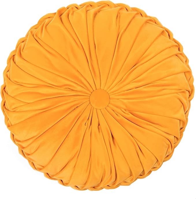 Lush Decor Round Pleated Soft Velvet Decorative Throw Pillow, 1 Count, 15" Diameter, Yellow - Plush Round Pillow, Seat Cushion, Decorative Pillows For Bed, Couch, Or Chair