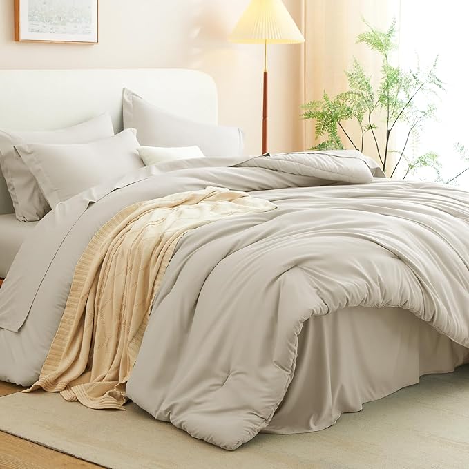 CozyLux Oversized King Comforter Set Beige, 7 Pieces Bed in a Bag Comforter Set with Sheets, Soft Bedding Sets with Down Alternative Comforter, Fitted Sheet, Flat Sheet, Pillow Shams and Pillowcases