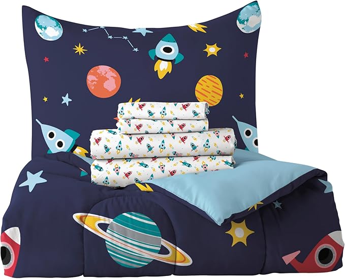 Dream Factory Kids 7-Piece Complete Bed Set Easy-Wash Super Soft Microfiber Comforter Bedding, Full, Blue Space Galaxy