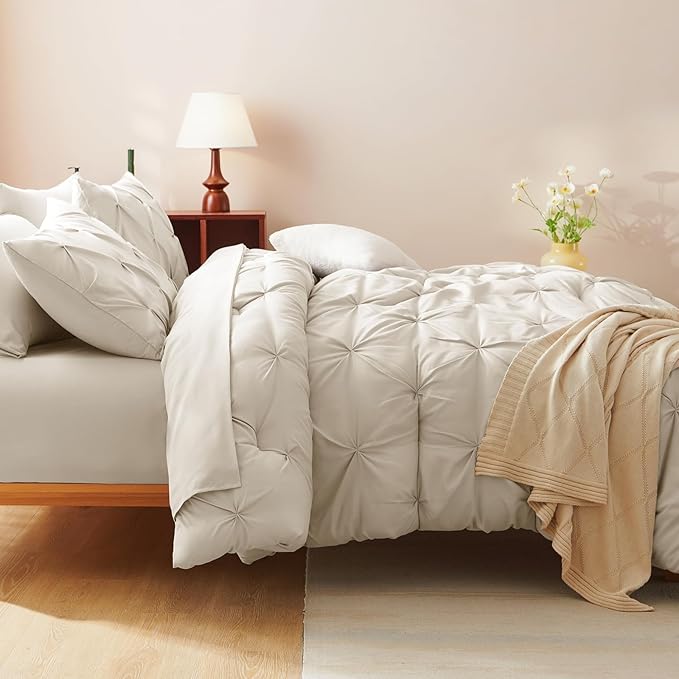 CozyLux Oversized Queen Comforter Sets Beige, 7 Pieces Oversized Queen Pintuck Bed in A Bag, Pinch Pleat Bedding Sets with All Season Comforter, Flat Sheet, Fitted Sheet, Pillowcases & Shams