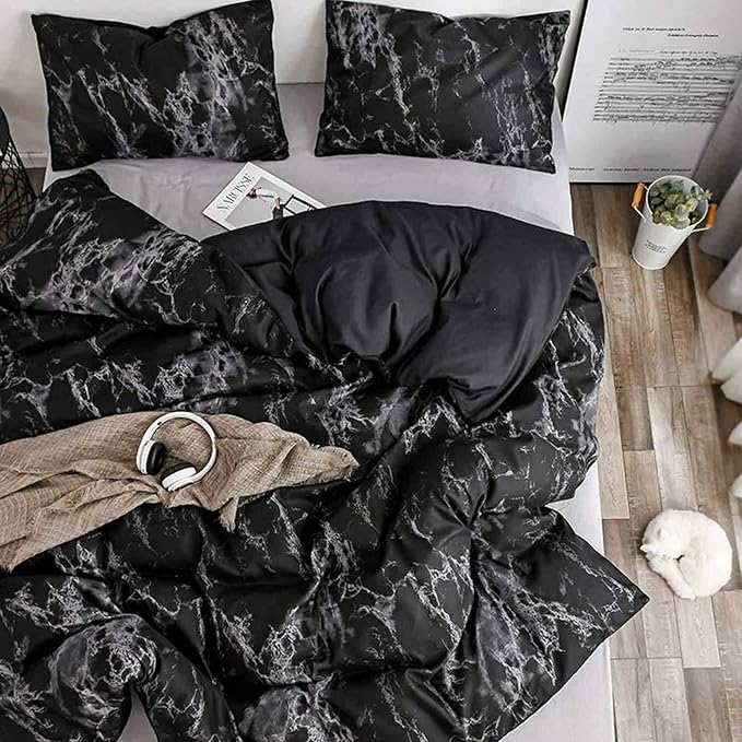 Nanko Bedding Queen Duvet Cover Set Dark Black Marble, 3 Piece - 1000 - TC Luxury Microfiber Quilt Cover with Zipper Closure, Ties - Organic Modern Style for Men and Women
