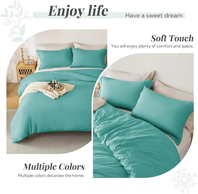 MILDLY Super Soft Duvet Cover - 100% Washed Microfiber Turquoise Comforter Cover Set 3 Pieces with Zipper Closure & Corner Ties (No Comforter)