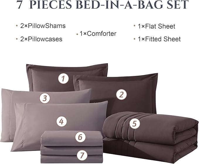 Monbix King Size Comforter Set - 7 Pieces Bed in a Bag King, ltalian Plum Bedding Sets with Comforter, All Seasons Comforter Bed Set with Sheets, Pillowcases & Shams