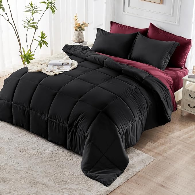 JOLLYVOGUE Queen Comforter Set, Ultra-Soft Bed in a Bag Queen Size 7 Pieces, Oeko-TEX Certified Bedding Set with Down Alternative Comforter, Sheets, Pillowcases & Shams, Burgundy & Black