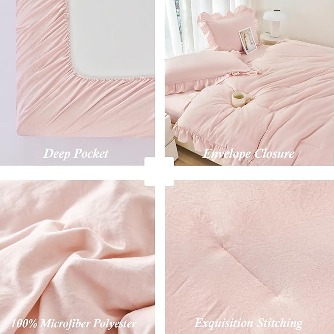 ANGIYUIN 5 Pieces Blush Pink Ruffled Comforter Sets Full Farmhouse Bed in A Bag with Layer Ruffle Soft Lightweight Bedding Sets with Sheet Sets, Pillowcases(Blush Pink Full)