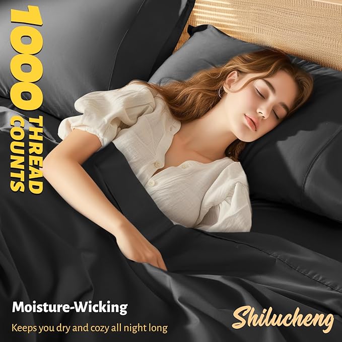 Shilucheng 100% Egyptian Cotton Sheets Set - 1000 Thread Count,Luxury Cotton Bed Sheets,Breathable & Cooling Bedding and Pillow Cases, 16 Inch Deep Pocket - 4 Piece (Black, Full)
