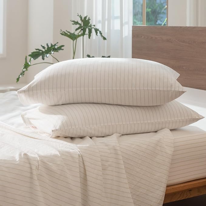 MooMee Striped Duvet Cover Set 100% Washed Cotton Linen Like Textured Breathable Durable Soft Comfy (White Almond Milk Grey Wide Stripes, Super Queen 90"x98")