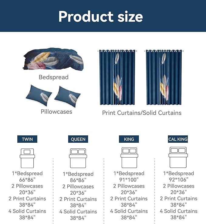 Matching Curtains and Bedding Sets, 1 Bedspread 2 Pillowcases 2 Print 4 Solid Curtains, Blue Feather Microfiber King Comforter Set, Wrinkle-Resistant for Master Bedroom