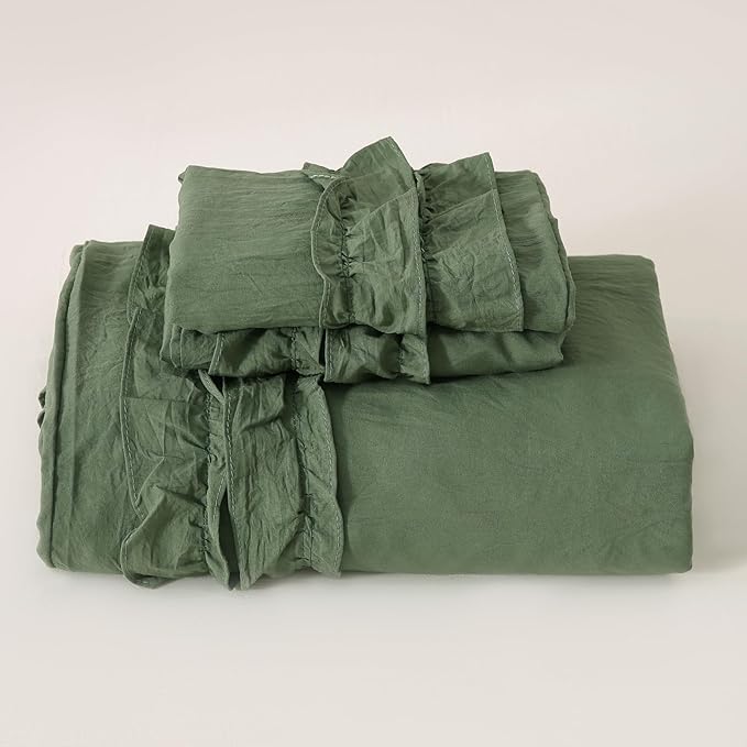 Bedorm Boho King Duvet Cover Olive Green Bedding Set Shabby Chic Lace Fringe Ruffle Bedding Super Soft Warm Farmhouse Comforter Cover 3 Pcs Sets