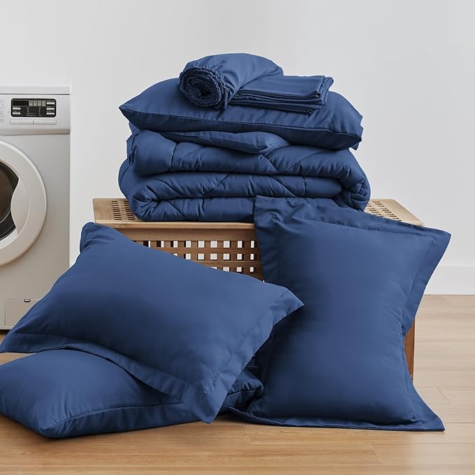 Love's cabin Queen Comforter Set Dark Blue, 7 Pieces Queen Bed in a Bag, All Season Bedding Sets with 1 Comforter, 1 Flat Sheet, 1 Fitted Sheet, 2 Pillowcase and 2 Pillow Sham