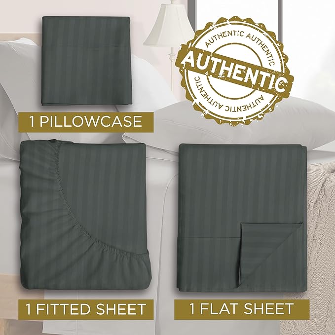 Twin XL 100% Microfiber Double Brushed Sheet Set - Extra-Soft & Wrinkle-Free - 15" Deep Pockets, 39" x 80" - Ideal for Dorms, Hospitals & Split King Beds - 3 PC Set (Twin XL, Damask Grey Stripe)