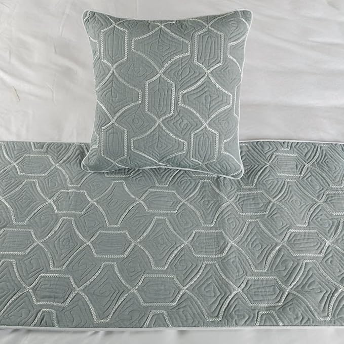 The HomeCentric King Queen Twin Grey Blue Bed Runner with Decorative Throw Pillow Cover, Queen Size 74"x18" Bed Runner with Pillow Cover, Linen Quilted Embroidery, Modern Contemporary - Atmosphere