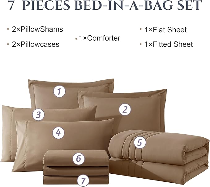 Monbix King Size Comforter Set - 7 Pieces Bed in a Bag King, Raw Umber Bedding Sets with Comforter, All Seasons Comforter Bed Set with Sheets, Pillowcases & Shams