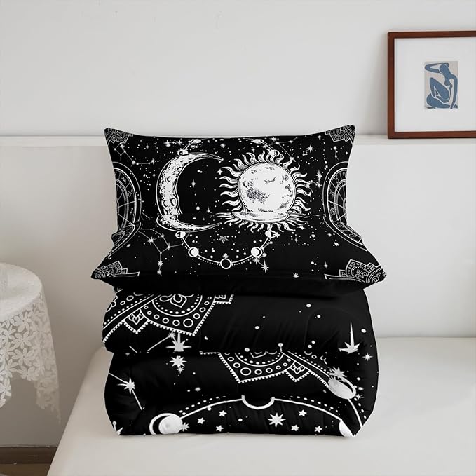 Sun and Moon Bedding Set Constellation Galaxy Comforter for Kids Boys Girls Teens Psychedelic Boho Mandala Comforter Breathable Celestial Duvet Set Black White Room Decor Quilt Cover Twin Size