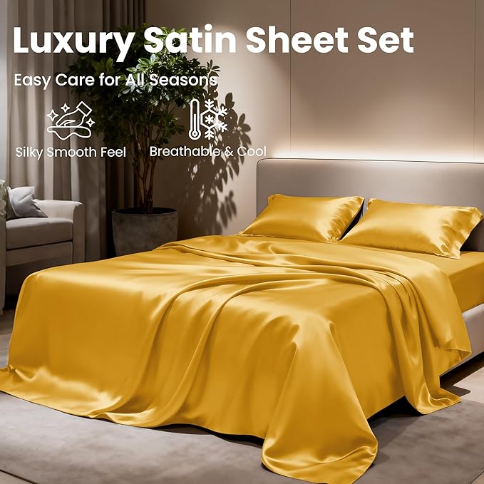 Love's cabin Satin Queen Sheets Set - 4 Piece Gold Silky Bed Sheets with Deep Pocket, Luxury Silk Feel Satin Queen Size Sheet Set (1 Flat Sheet,1 Fitted Sheet,2 Pillow Cases)