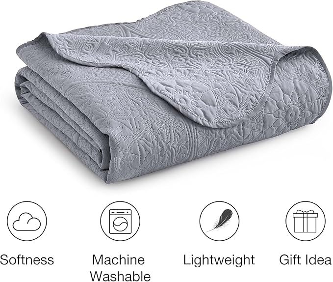 MOONLIGHT20015 Twin Quilt Bedding Set Size (66" x 86 ") + 1 Pillow Shams (20" x 26" + 2") - 2 Pcs All Season Lightweight Reversible Microfiber Coverlet Floral Embossed Quilt Bedspread (Silver)