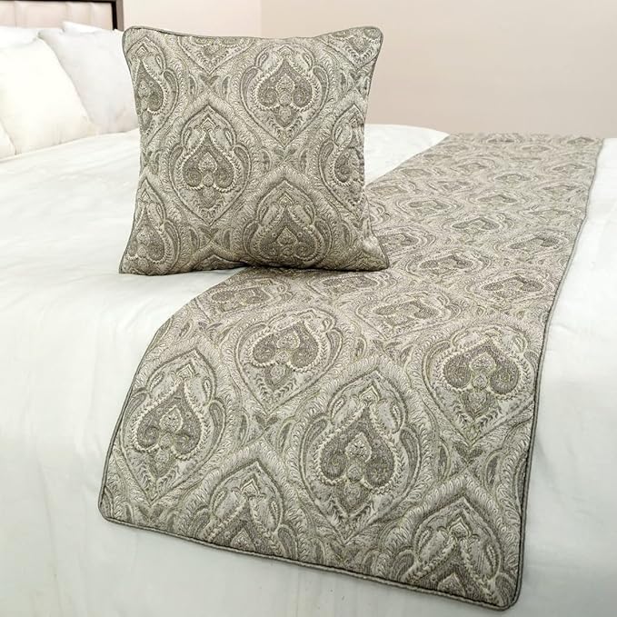 The HomeCentric King/Queen/Twin Grey Decorative Queen 74"x18" Bed Runner Without Pillow Cover, Quilted, Damask& Gold Zari Embroidery Bed Scarf on Silk Fabric - Winifred