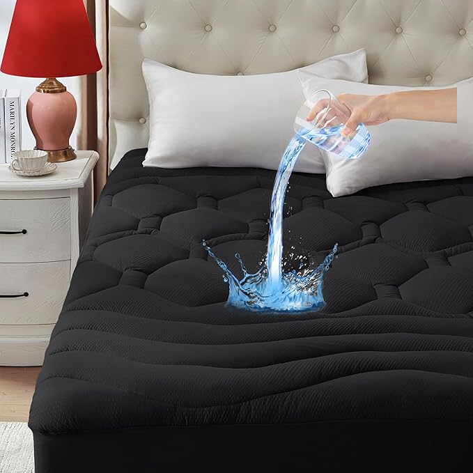Queen Size Mattress Pad Waterproof, Pillow Top Cooling Mattress Topper Cover, Quilted Fitted Mattress Protector Washable, Deep Pocket 8-21" (60x80 inch, Black)