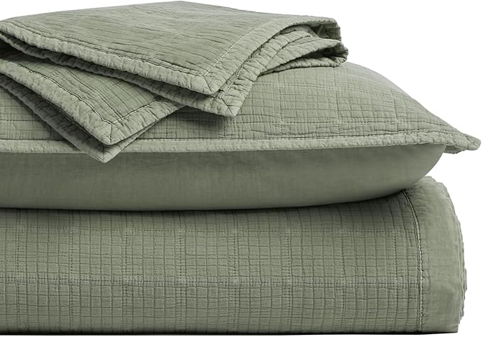 EVERGRACEHOME Stonewashed Cotton Quilt Set King Size, Ultra Soft Oversized Bedspread Coverlet Set, Lightweight Crinkle Box Stitch Bedding Sets for All Season, with 2 Shams, Olive Green