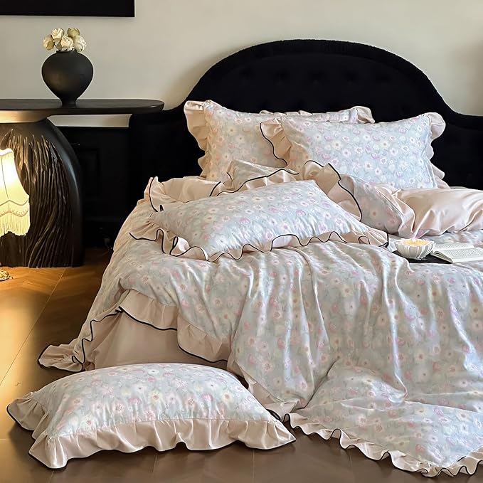 HighBuy Brushed Cotton Floral Ruffle Duvet Cover Full Size,Boho Chic Floral Bedding with Beige Edge,Breathable & Durable Bedding,Farmhouse Comforter Cover Sets 1 Duvet Cover and 2 Pillowcases