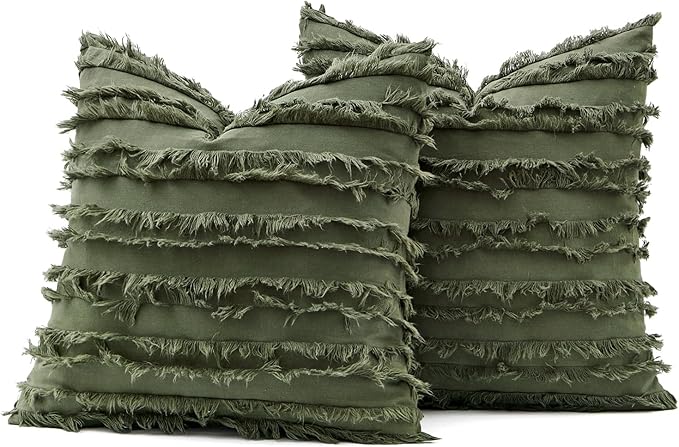 MIULEE Decorative Boho Throw Pillow Covers Set of 2 Dark Olive Green Linen Striped Jacquard Pattern Farmhouse Modern Cushion Covers for Sofa Couch Living Room Bedroom 18x18 Inch Home Decor