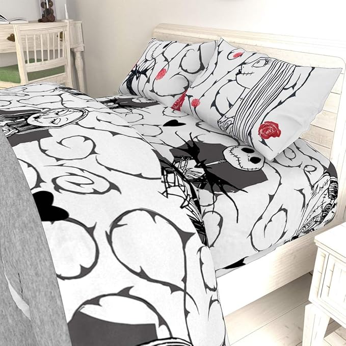 Jay franco Disney Nightmare Before Christmas Moonlight 7 Pc Jay franco Queen Bed Set-Includes Reversible Comforter&Sheet Set-Features Jack&Sally-Super Soft Fade Microfiber-(Official Disney Product)