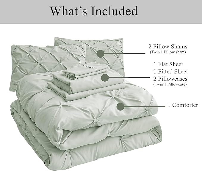 LANE LINEN Queen Comforter Set with Sheets - 7 Piece - Elegant Pintuck Stitch Design Bedding - with 1 Comforter, 2 Pillowcases & 2 Shams 1 Flat & a 14" Fitted Sheet - All-Season Everyday Use – Mineral | Soft microfiber, Year round comfort, Secure pocke...