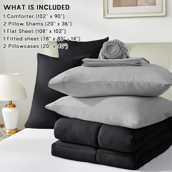 Anluoer King Size Bed in a Bag 7 Pieces, Black and Grey Bed Comforter Set with Sheets, All Season Bedding Sets with 1 Comforter,2 Pillow Shams,2 Pillowcases, 1 Flat Sheet, 1 Fitted Sheet