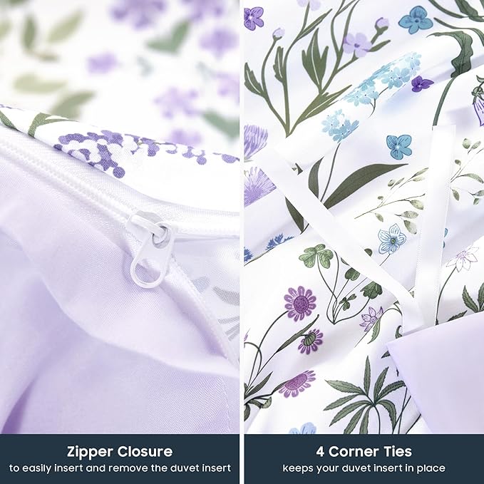 Wake In Cloud - Floral Duvet Cover Set, Shabby Chic Cottage Garden Botanical Flower Style with Elegant Wildflower Pattern, Soft Lightweight Bedding, 3 Pieces, Purple White, Full Size