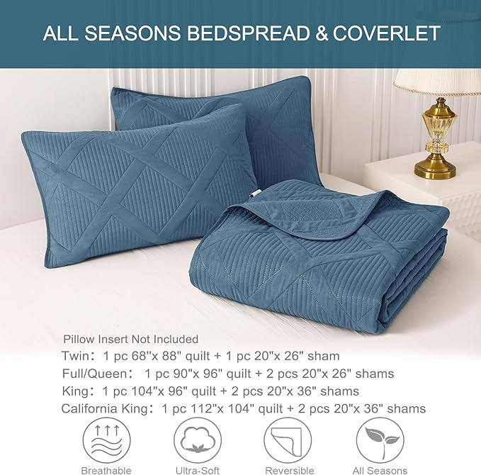 Exclusivo Mezcla King Size Quilt Set with Modern Striped Pattern, 3 Pieces Lightweight Grayish Blue Quilts Bedding Set, Soft Bedspreads Coverlets for All Seasons