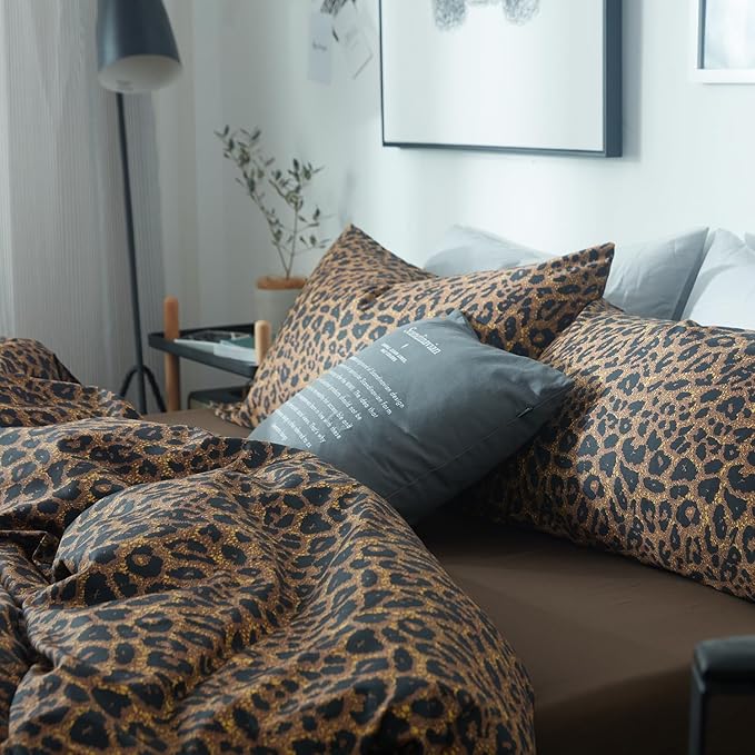 mixinni Leopard Print Duvet Cover California King Size Long Staple Cotton Bedding Set with Zipper Closure Ties, Perfect for Man and Woman, Ultra Soft and Easy Care (3pcs, California King Size)