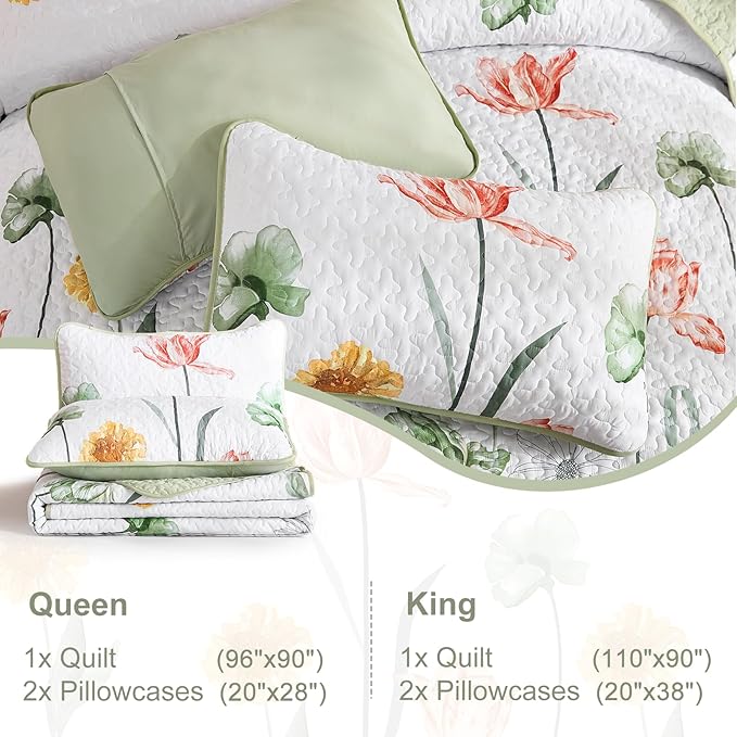 WONGS BEDDING 3 Pieces Quilt Set King,Sage Green Floral Printed Quilted Bedspread Set,Soft Lightweight Bedding Coverlet Set for All Seasons(110"x90")