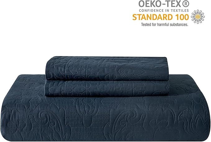 Hansleep Navy Quilt Twin Size - Damask Ultrasonic All Season Bedspread Twin, Soft Lightweight Coverlet Bedding Set, 2 Pieces (1 Quilt, 1 Pillow Sham)