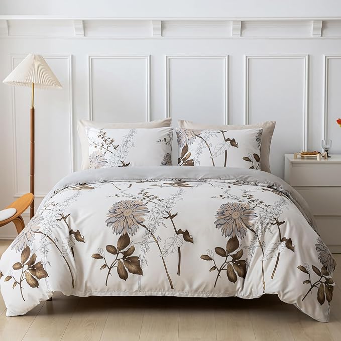 Lekesky Duvet Cover Queen Size, Reversible Dahlia Floral Duvet Cover Set, Soft Microfiber Off White Bedding Duvet Cover Sets with Zipper Closure (1 Duvet Cover 90"x90", 2 Pillowcases 20"x26")